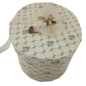 Vintage Pill Shaped Floral Hat Box Paper Covered Storage Antique Wallpaper Style